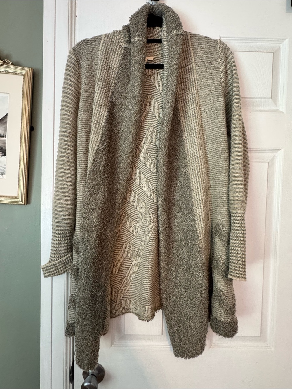 Mystree Olive Gray Open-Front Mixed-Knit Cardigan